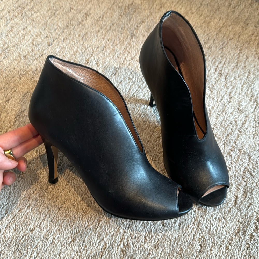 Halogen peep toe leather bootie heels